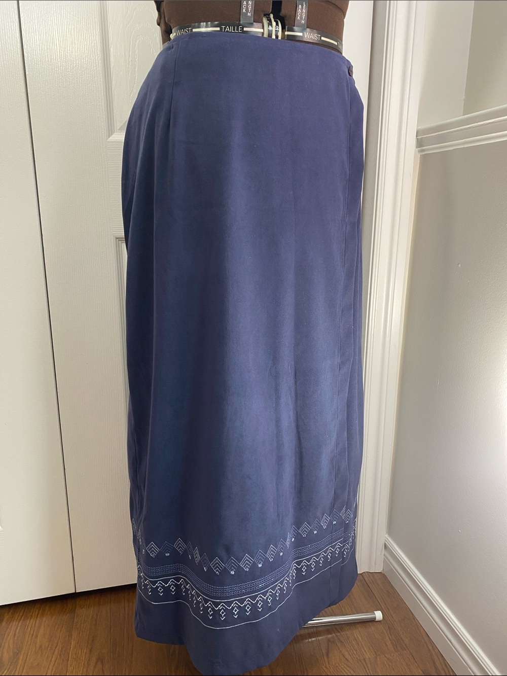 Vintage Wrap-Around Navy Maxi Skirt, Faux Suede with Hem Embroidery, XL